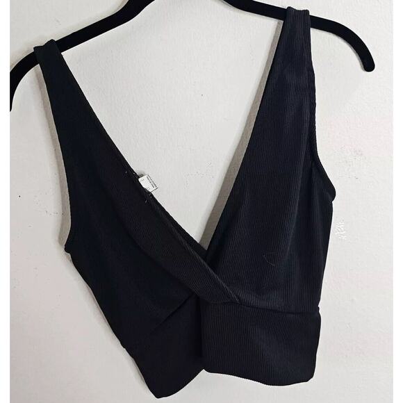 Revamped Black Deep-V Front & Back Faux Wrap Knit Crop Top Small - Picture 2 of 6